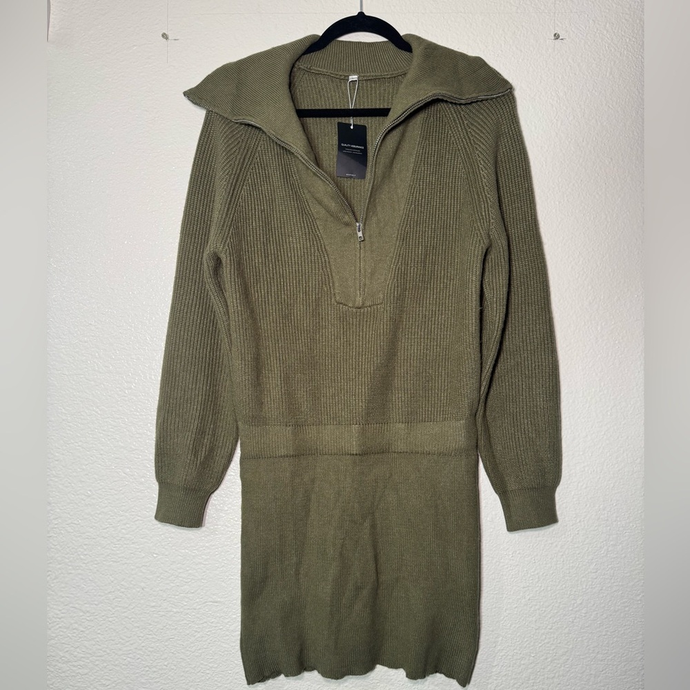 DEEP SELF Casual Long Sleeve Bodycon Pullover Dress Half ZipVNeck Ribbed Knitted